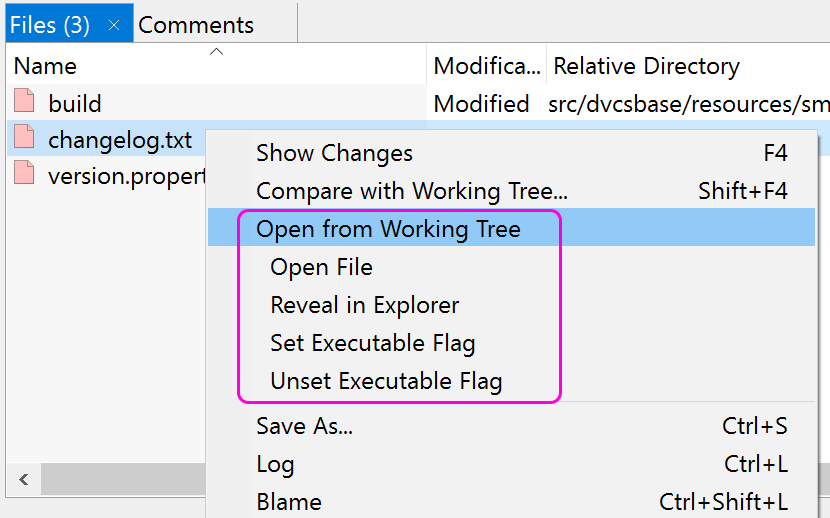 In the Log it is possible to start external tools on working tree files.