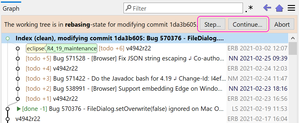 You can single-step each commit or continue - just like in a commit debugger.