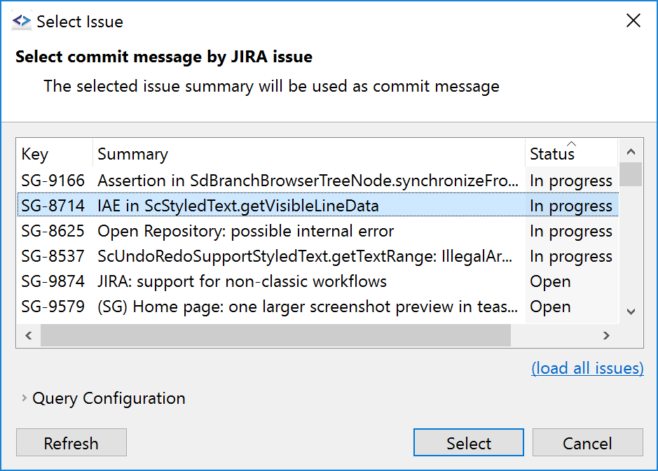Select JIRA issues to use their subject as commit message, and mark issues as resolved on push.