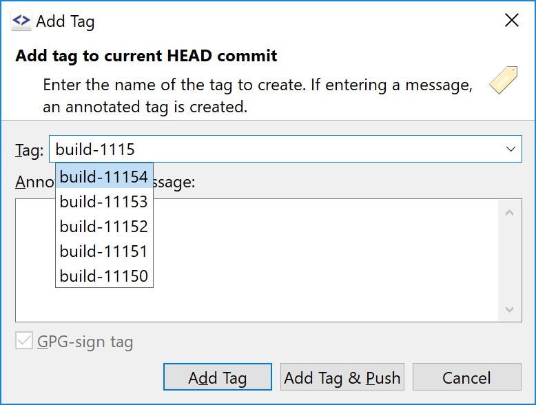 The Add Tag dialog also supports searching for existing tags.