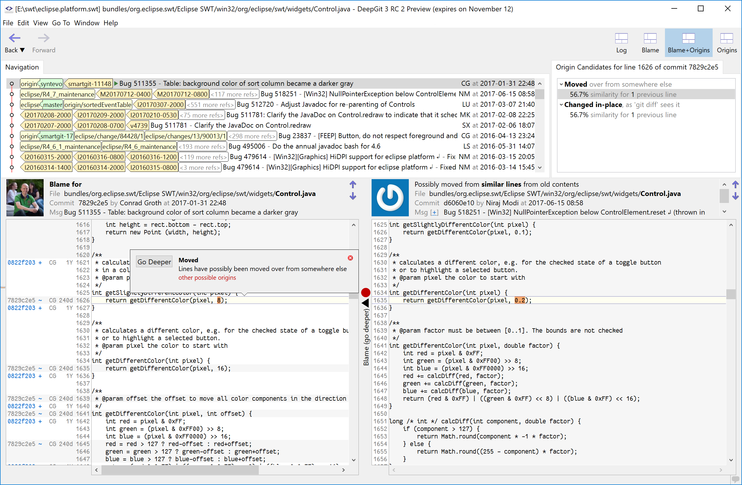 SmartGit has DeepGit integrated, a powerful blame-log tool.