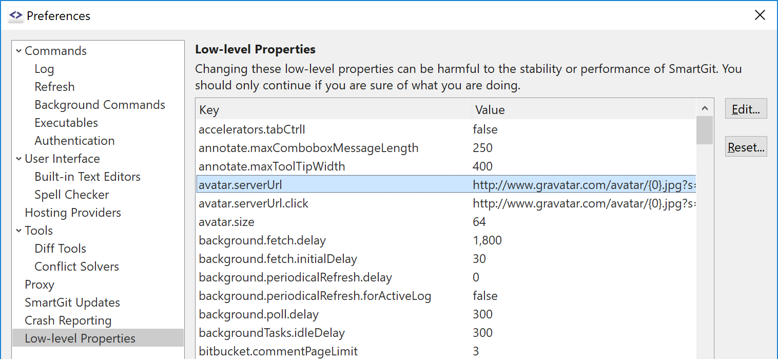 Low-level properties can be edited directly in the preferences.