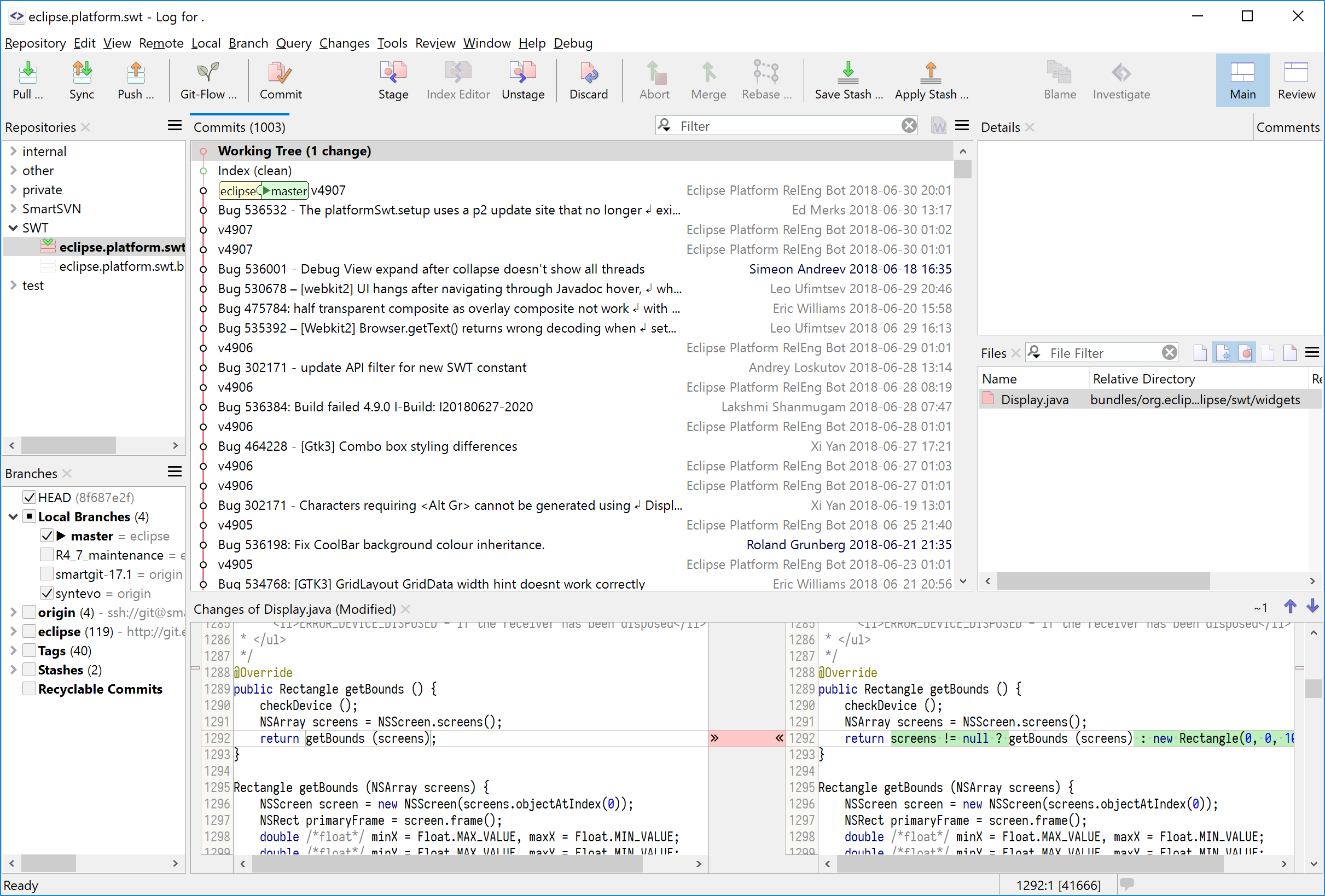 Log: optionally shows nodes for the working tree and/or index.