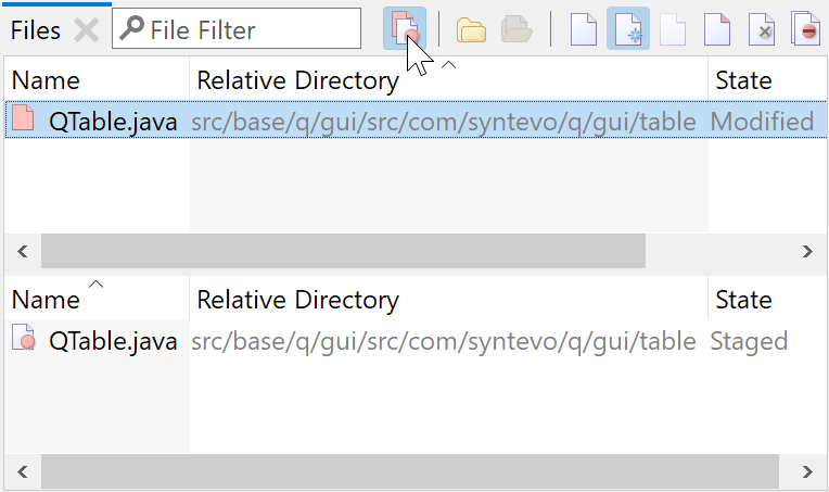 Optionally the files can be shown in separate lists for Working Tree and Index changes.