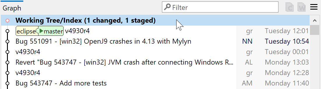 Unified Index-Working-Tree node in the Log Graph.