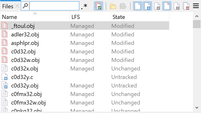 Various LFS states in the Log Files view.