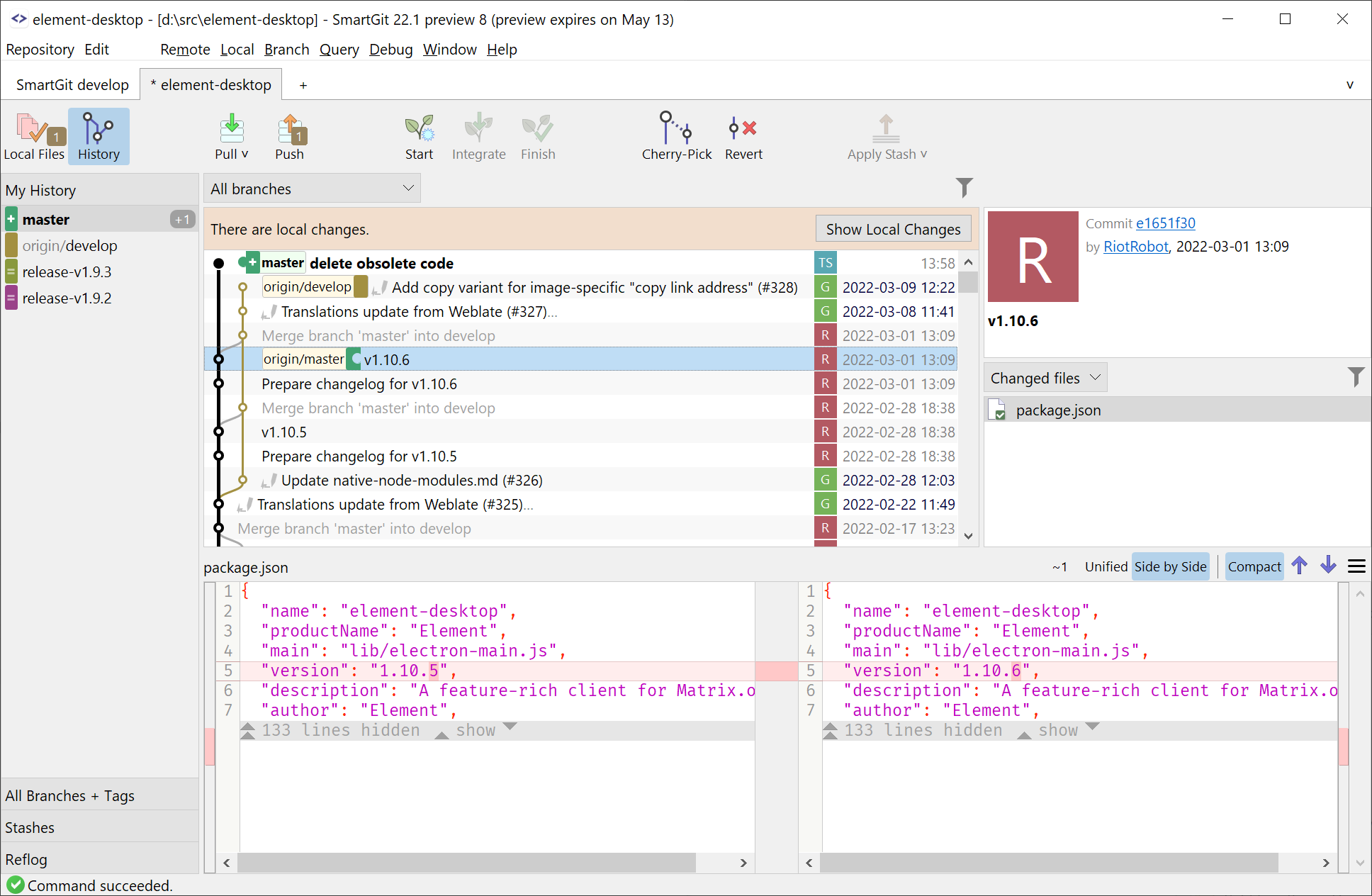 The new Standard window showing the history (commit graph).