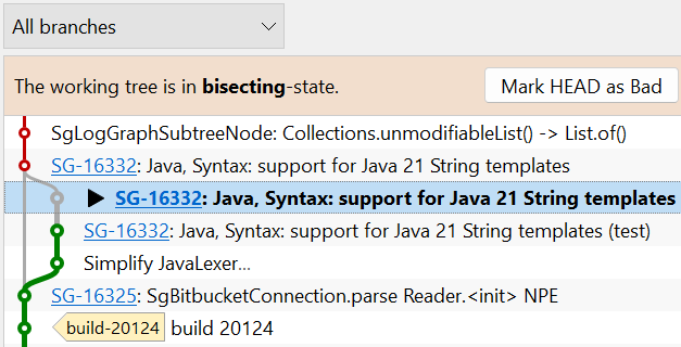 Bisect also highlights good or bad commits in feature branches.