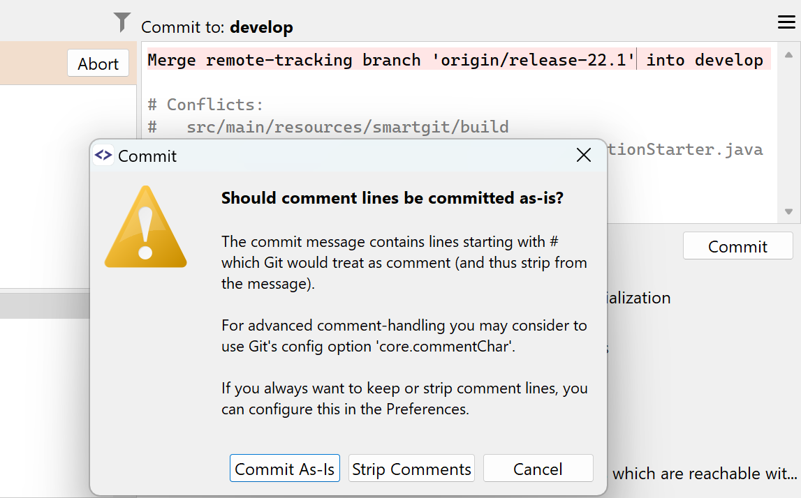 If comment lines are detected in the commit message, SmartGit can ask what to do with them.