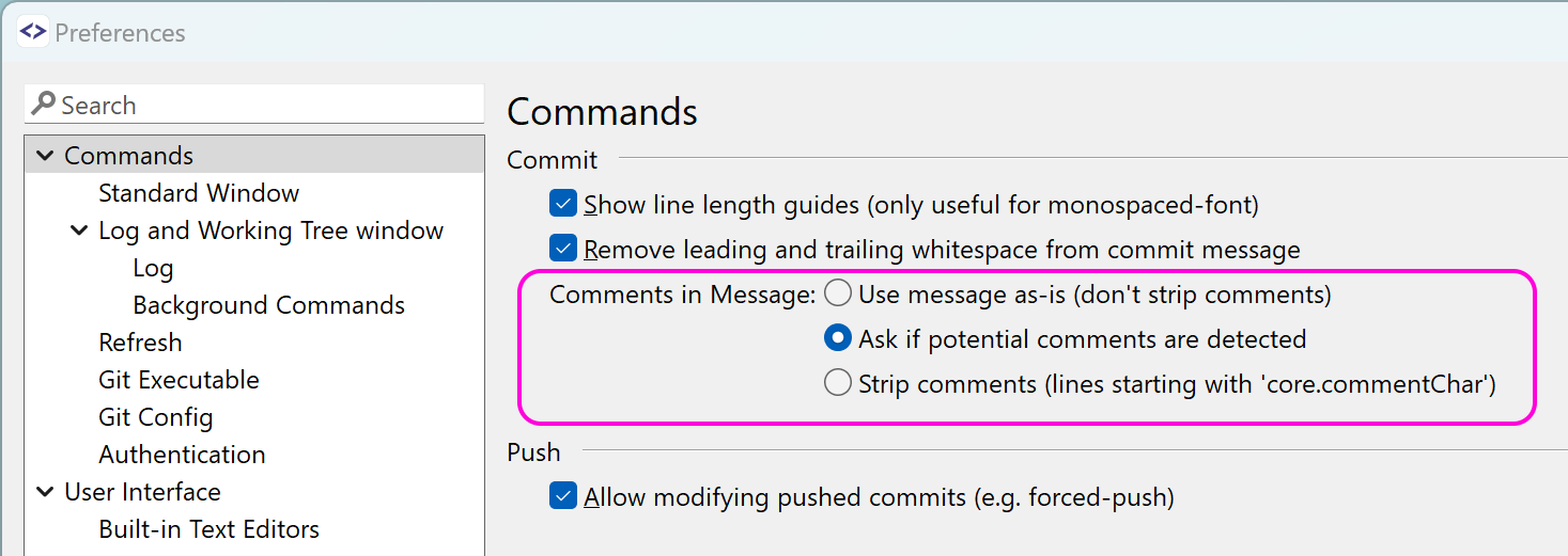 In the preferences can be configured how comment lines in commit messages are treated.