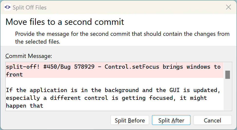The feature to split off files from a commit has been improved.