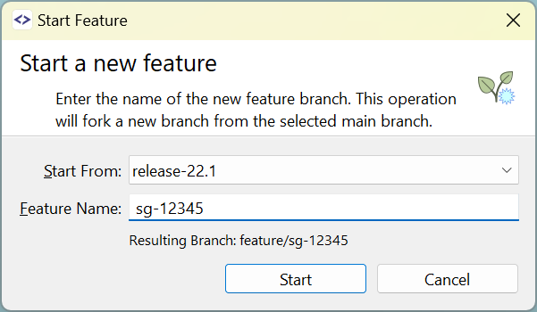 For multiple configured main branches, when starting a feature branch you can configure the used main branch.