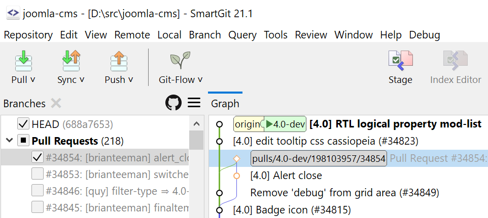 SmartGit 支持 GitHub、BitBucket 和 Atlassian Stash 的拉取請求和評論。