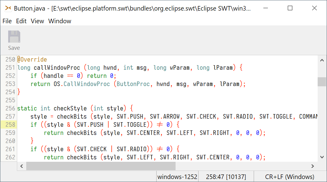 A simple text editor with syntax coloring is built-in.